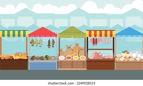 Farmer's food market. Sale of dairy, meat, fish, bakery products