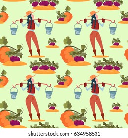 Farmers Fresh Vegetables Harvest Farming Seamless Pattern Vector Illustration