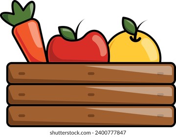 Farmers Fruit Basket concept, Wooden Crate filled with Carrot and Apple vector icon design, Shrubs and Trees symbol, Plants and Flowers sign, Landscaping and Garden Tools stock illustration