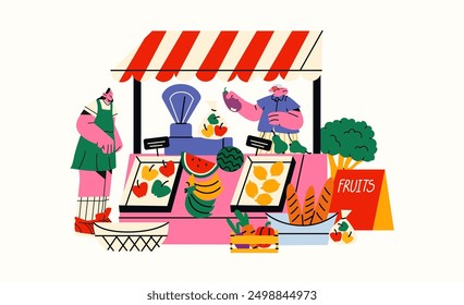 Farmers fruit market, street fair stalls. Cartoon shop with organic products, bananas, watermelons, vegetables and fruits from the garden . Retro characters mascots buyers and sellers make purchases 