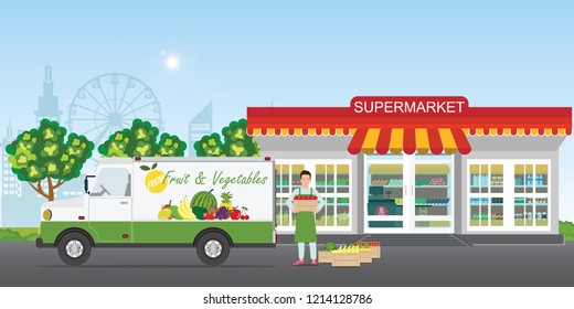 Farmers fruit and vegetables carrying fresh fruit to supermarket, delivery car concept vector illustration.