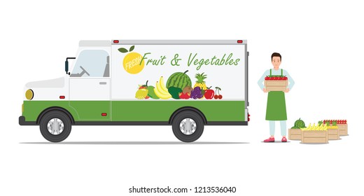 Farmers fruit and vegetables delivery car with the smiling deliverer holding fresh fruit isolated on white background. character cartoon vector illustration.