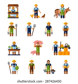 Farmers and gardeners flat agriculture icons set isolated vector illustration