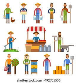 Farmers and gardeners flat agriculture icons set isolated vector