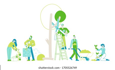 Farmers or Gardeners Planting, Trimming and Caring of Trees and Plants. Happy Characters Working in Summer Garden Harvesting, Digging Soil, Care of Flowers Gardening. Linear People Vector Illustration