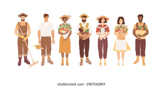 Farmers and gardeners set. People of different nationalities and skin colors, Happy black man, Caucasian women, young male and female standing with crops, flowers, fruits, vegetables in crates.