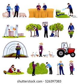 Farmers and gardeners work moments harvesting  fruits raising cattle and trimming plants flat icons set isolated vector illustration 