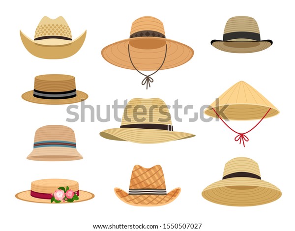 Farmers gardening\
hats. Asian japan hat and and female straw cap, yellow beach head\
accessory and summer traditional agriculture rural headdress\
isolated on white\
background
