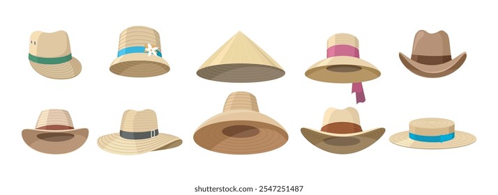 Granjeros jardineros sombreros. Macho y hembra sombrero sombrero accesorio de cabeza y verano asiático y tradicional agricultura rural tocado aislado Ilustración vectorial