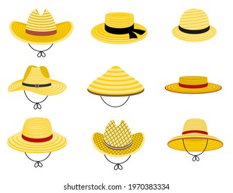 Farmers gardening hats. Summer traditional agriculture rural headdress. Asian japan hat, straw american cowboy hat and and female straw cap, yellow beach head accessory isolated on white background