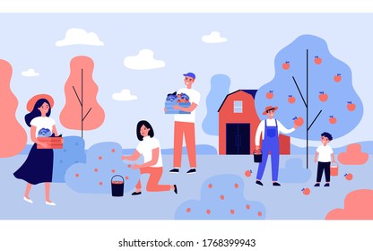 Farmers gathering harvest on plantation in autumn season. Happy people picking apples at trees, carrying crate with vegs. Vector illustration for gardening, farming, agriculture concept