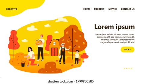 Farmers gathering harvest on plantation in autumn season. Happy people picking apples at trees, carrying crate with vegs. Vector illustration for gardening, farming, agriculture concept
