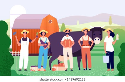 Farmers group. Agricultural workers, farmer team standing together with fresh farm food in field. Agriculture vector cartoon concept with cow and barn