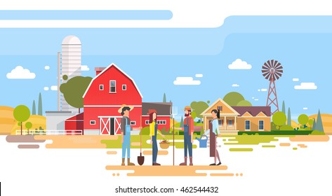 Grupo de agricultores se enfrenta a una gran granja con ilustraciones de vectores planos de la casa y la tierra de cultivo