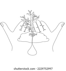 
Farmer's hand drawing a straight line is planting seeds into the ground. Hands holding tree in grass field nature. Agricultural ecology concept. Graphic design vector