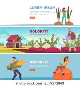 farmers. happy farmers with self rich harvest of fruits and vegetables. Vector background