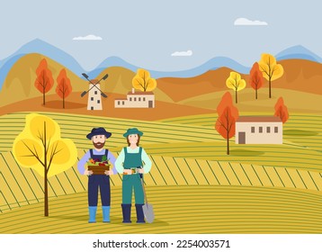 Farmers at the harvest. Autumn rural landscape. Houses, trees and fields. Seasonal work in nature. Vector illustration. For flyers, shops, brochures and covers, advertising, social media and banners.