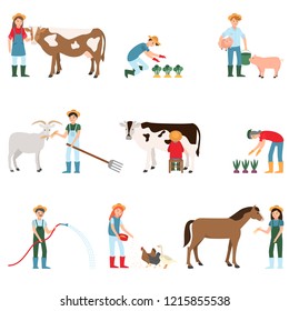 Farmers harvest and care for livestock. Farmers feed chickens, horses, goats, pigs and milked cows.