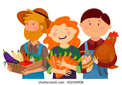 farmers with the harvest and chicken, friends, work , vector