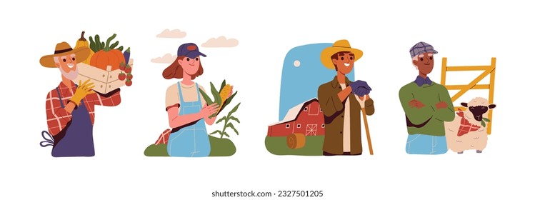 Farmers in harvest day set. Village workers in agricultural farm uniforms with vegetables and livestock. Rustic characters agronomist and dairymaid. Cartoon flat vector isolated on white background