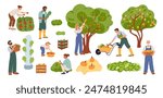 Farmers harvest fruits and vegetables. Crop picking season. Happy people with wooden crates and baskets. Gardeners pluck apple from trees. Garden bed and berry shrubs