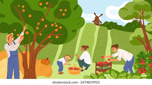 Farmers at harvest. Gardeners pluck fruits from trees. People pick strawberries from beds. Kids tomatoes are put in boxes. Agriculture workers growing vegetables. Garish