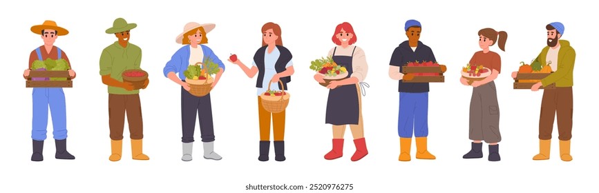 Agricultores con cosecha. Personajes agrícolas masculinos y femeninos que llevan canastas y cajas con frutas y verduras frescas y Ilustración vectorial plana. Trabajadores agrícolas de la historieta con la cosecha