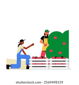 Farmers Harvesting Apples In Flat Vector Illustration Symbolizing Agriculture, Teamwork, And Sustainable Farming, Isolated On White Background.