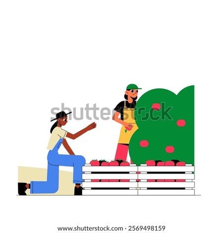 Farmers Harvesting Apples In Flat Vector Illustration Symbolizing Agriculture, Teamwork, And Sustainable Farming, Isolated On White Background.