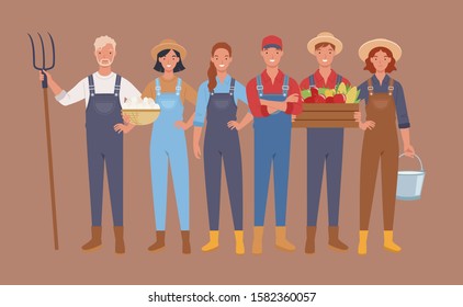 Farmers and harvesting characters, Agricultural workers. Vector illustration in a flat style