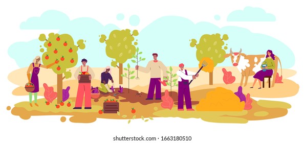 Farmers harvesting and growing animals sketch vector illustration isolated.