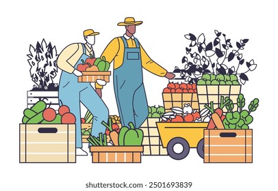 Farmers harvesting organic vegetables sustainable eco-friendly farming. Two farmers in overalls and hats collecting fresh produce in baskets and crates surrounded by various vegetables. Minimalistic