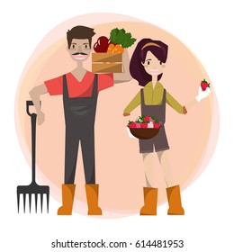 Farmers are harvesting vegetables. He stood by the rake and carried a vegetable box, a young woman was holding a strawberry.Vector/Illustration