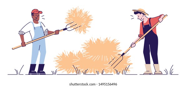 Farmers hay making with pitchfork flat vector character. Autumn harvest concept with outline. African american farm worker making haystacks. Agricultural work. Hay harvesting cartoon illustration