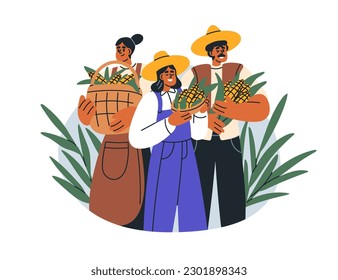 Farmers holding harvest. Farm workers with food crops, agriculture products, organic natural healthy vegetables, corn in baskets and hands. Flat vector illustration isolated on white background