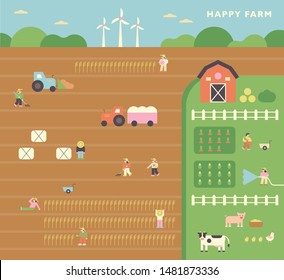 Farmers in large fields and animals on the farm. flat design style minimal vector illustration.