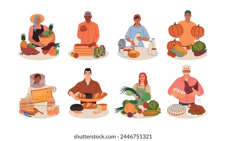 Farmers local market. Farm food. People selling eco grocery. Gardeners at counters. Apiary honey. Fresh fruit and vegetables. Poultry meat and eggs. Dairy product. Small business sellers vector set