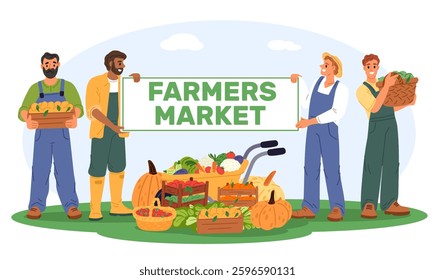 Farmers local market. Farm vegetables and fruits selling. People with harvested crops. Agriculture products retail. Farming cooperation. Gardeners organic food. Vector