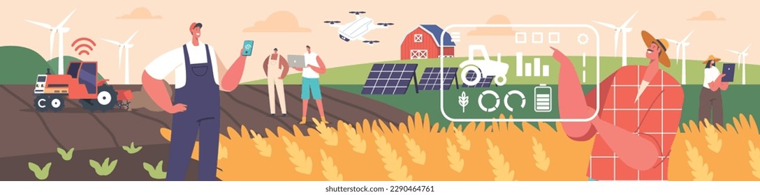 Farmers Male And Female Characters Work On Smart Technological Farm With Iot Tech Employs Advanced Technology