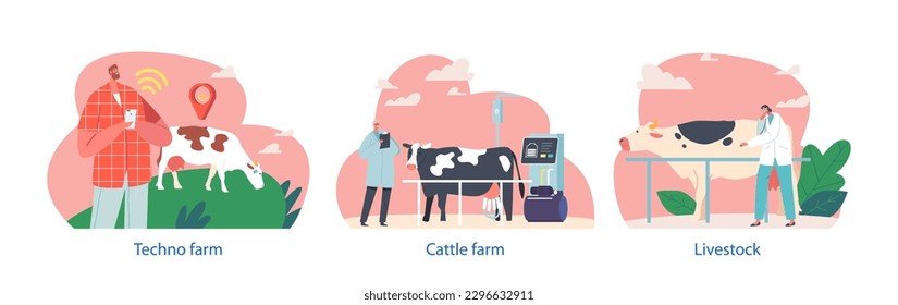 Farmers Male Female Characters Work On Livestock With Cows, Check Up Health, Using Gps Technology To Track Grazing