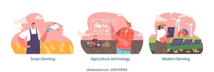 Agricultores Personajes masculinos y femeninos trabajan en una granja tecnológica moderna e inteligente con empleados tecnológicos avanzados