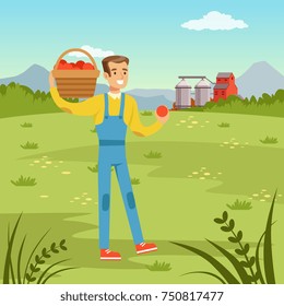 Farmers man holding basket with fresh harvest of red apples, agriculture and farming, rural landscape vector Illustration, web banner