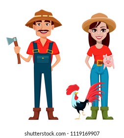 Farmers, man and woman, cartoon characters, set. Beautiful lady gardener with farm animals and handsome gardener with axe. Vector illustration.