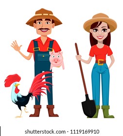 Farmers, Man And Woman, Cartoon Characters, Set. Beautiful Lady Gardener With Shovel And Handsome Gardener With Farm Animals. Vector Illustration.