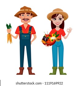 Farmers, man and woman, cartoon characters, set. Beautiful lady gardener with basket full of vegetables and handsome gardener with carrots. Vector illustration.