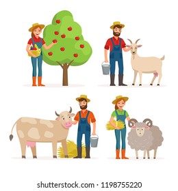 Farmers man and woman cartoon characters in various poses vector flat illustrations isolated on white background. Gardener, farmer and goat, cow, sheep holding basket with vegetables and milk bucket.