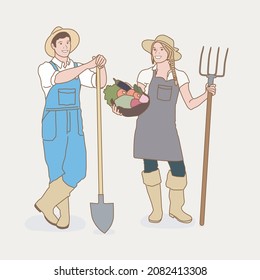 Agricultores, hombres y mujeres, personajes de caricatura, ambientados. Hermosa jardinera con cesta llena de verduras y bonito jardinero con manzana. Ilustraciones de diseño vectorial de estilo dibujado a mano.