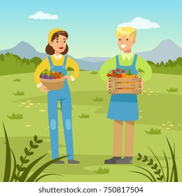 Farmers man and woman holding baskets with fresh healthy harvest of vegetables, agriculture and farming, rural landscape vector Illustration, web banner