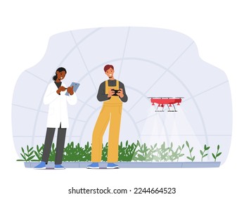 Farmers Manage Farm or Smart Greenhouse With Innovative Technology. Agricultural Automation With Remote Drone Control. Character Use Quadcopter for Watering Plants. Cartoon Vector Illustration