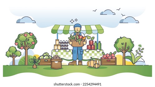 Farmers marker and local food offer direct from grower outline concept. Fresh, green and ecological grocery products from domestic eco supplier vector illustration. Outdoor bazaar and shop kiosk.